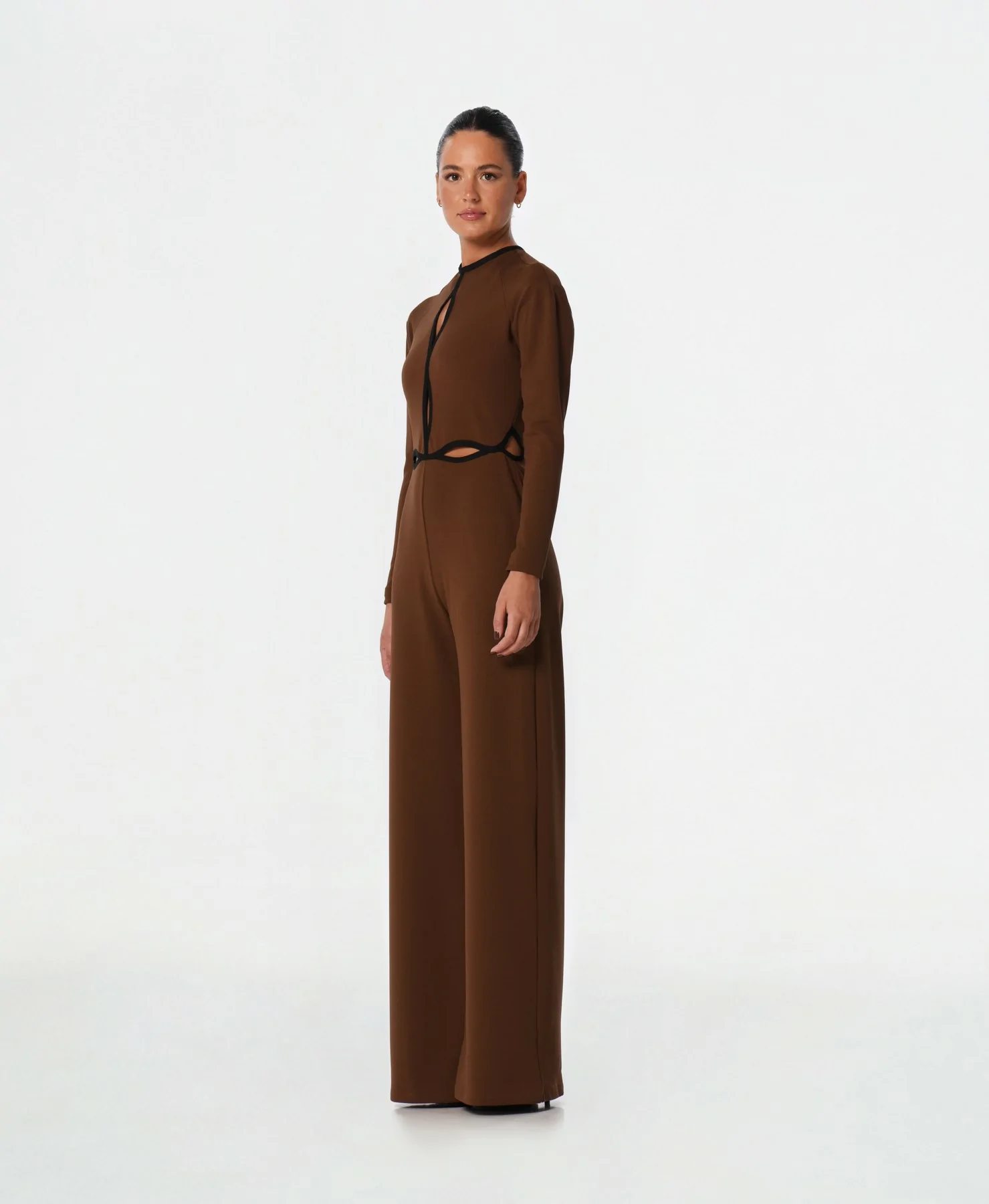 Brown long jumpsuit with black details