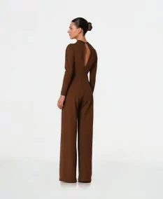 Brown long jumpsuit with black details, side view