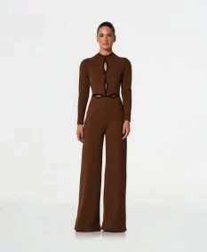 Brown long jumpsuit with black details, front view