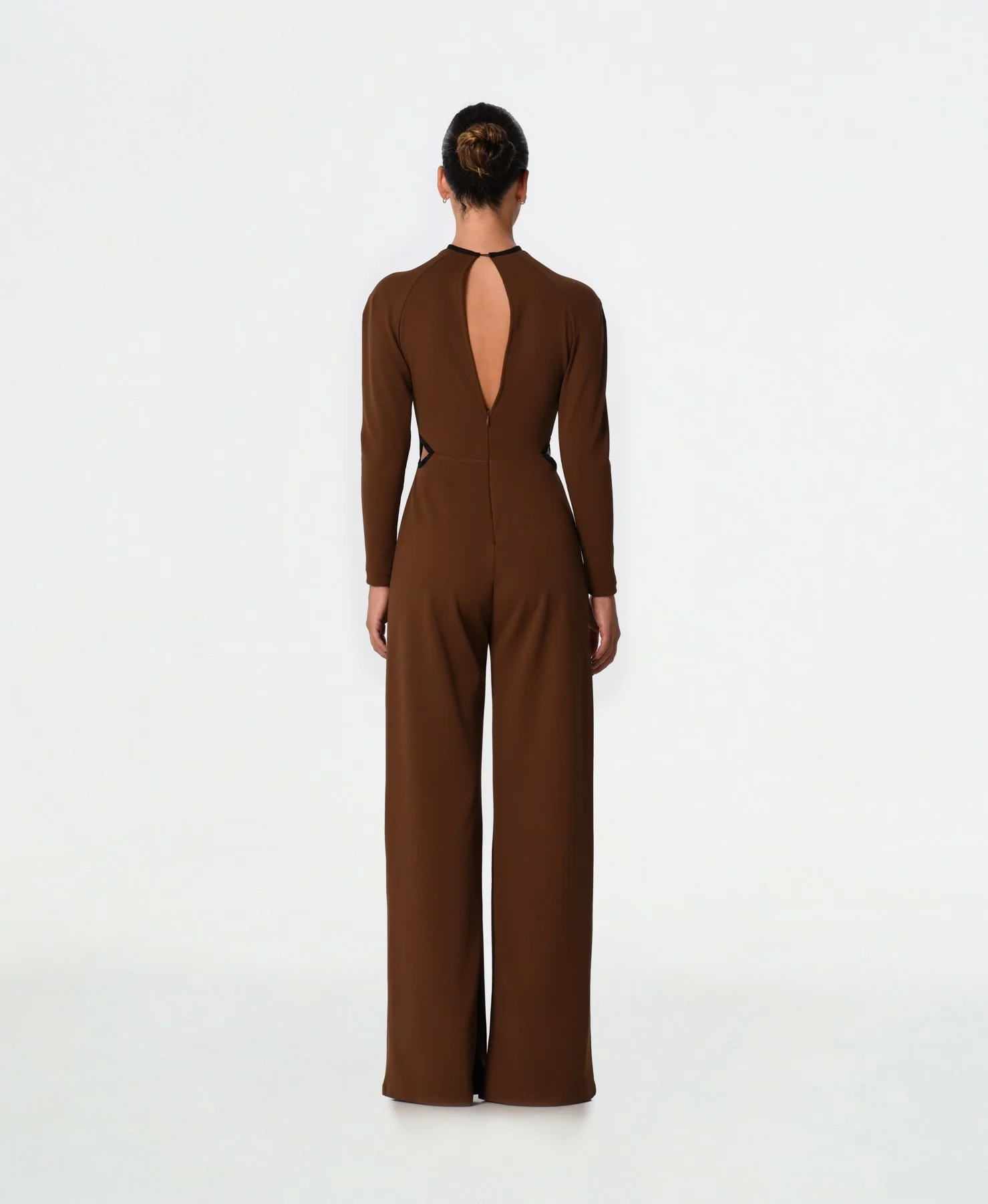 Brown long jumpsuit with black details, back view