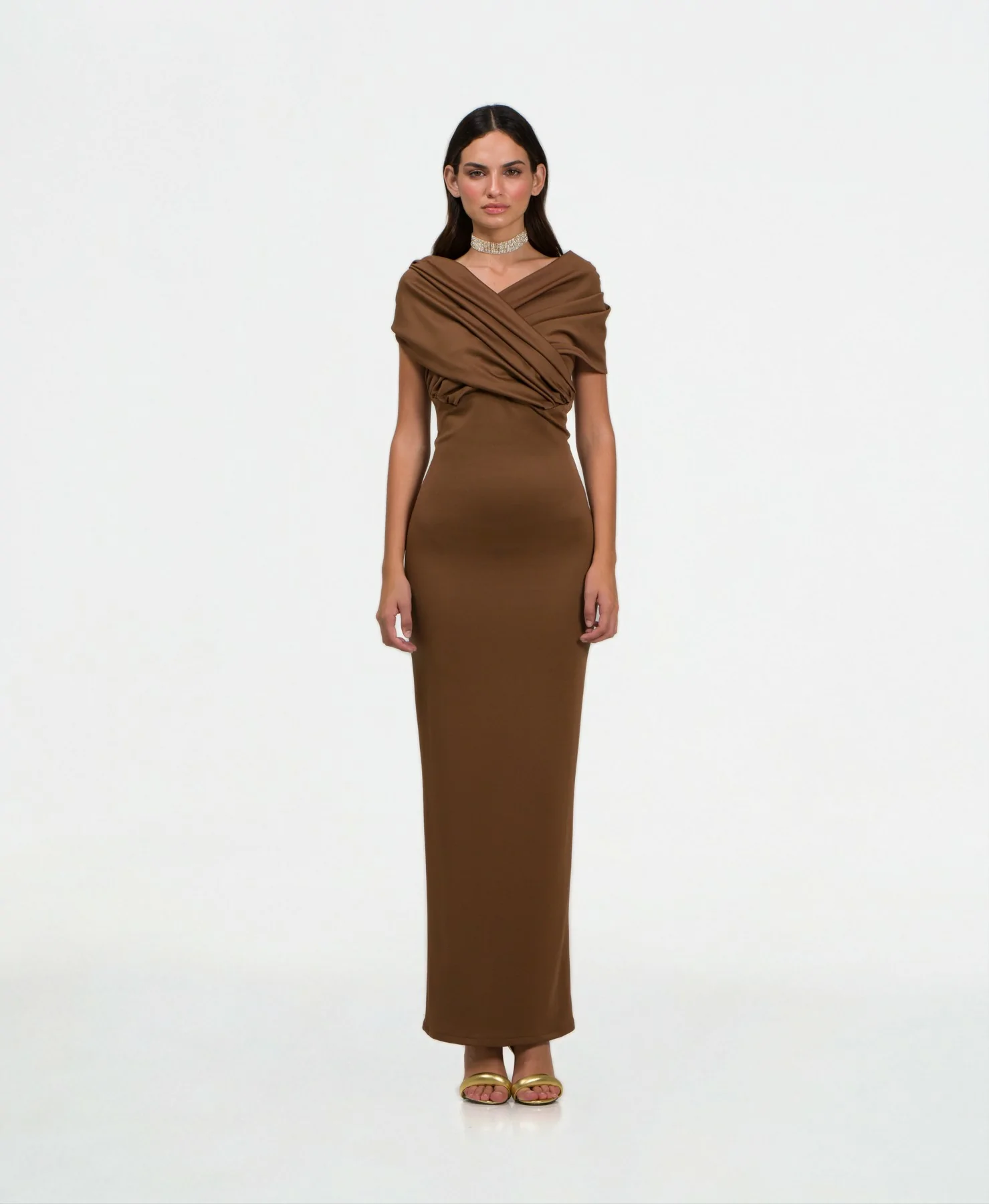 Brown party dress with draping on the chest, front view