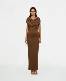 Brown party dress with draping on the chest, front view