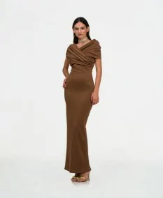 Brown party dress with draping on the chest, side view