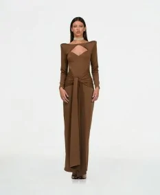 Long brown wedding guest dress with opening on chest and bow on abdomen