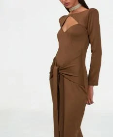 Long brown dress with opening on chest and bow on abdomen