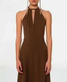 Brown guest dress with halter neck, flared skirt and waist cut