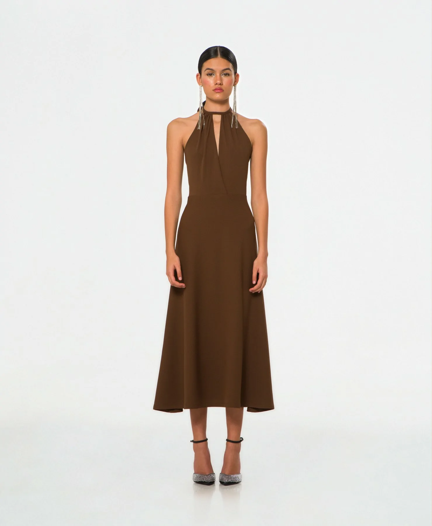 Brown midi dress with crossed halter neck, cape-style skirt and waist cut