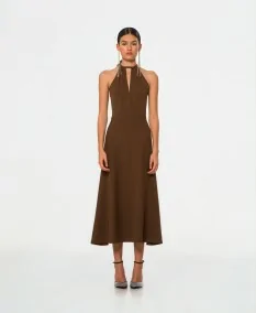 Brown midi dress with crossed halter neck, cape-style skirt and waist cut