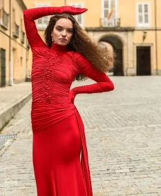 red ruched dress