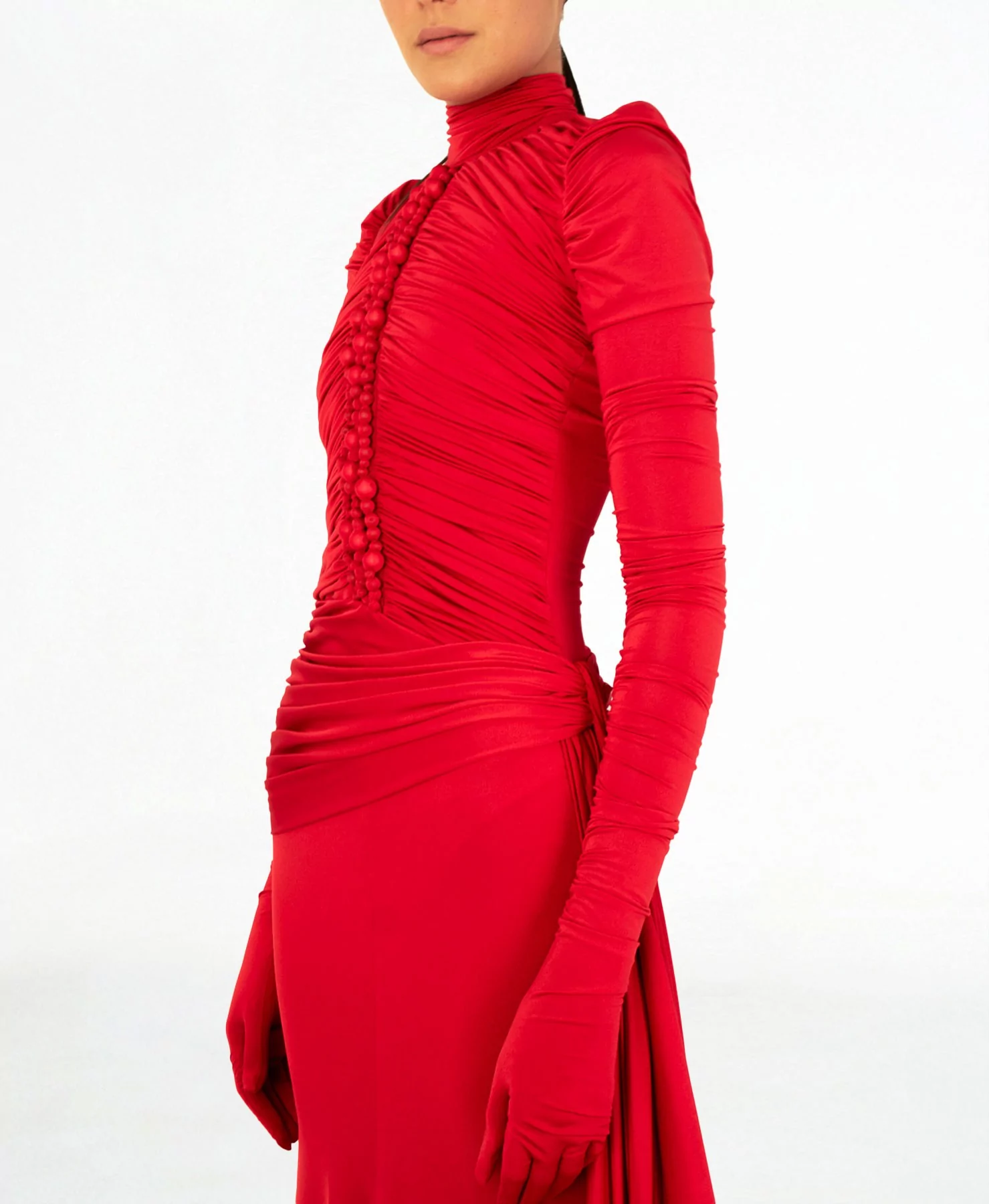 red ruched dress