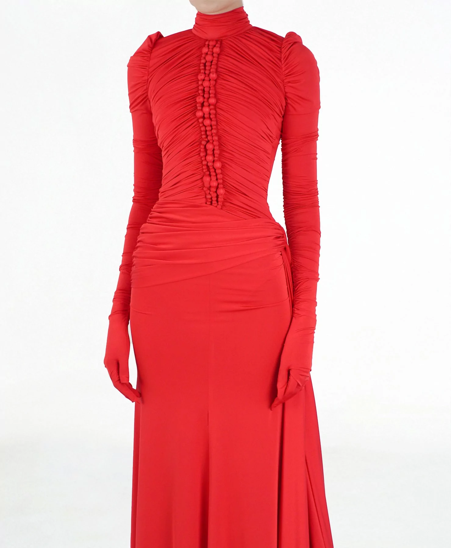 red ruched dress