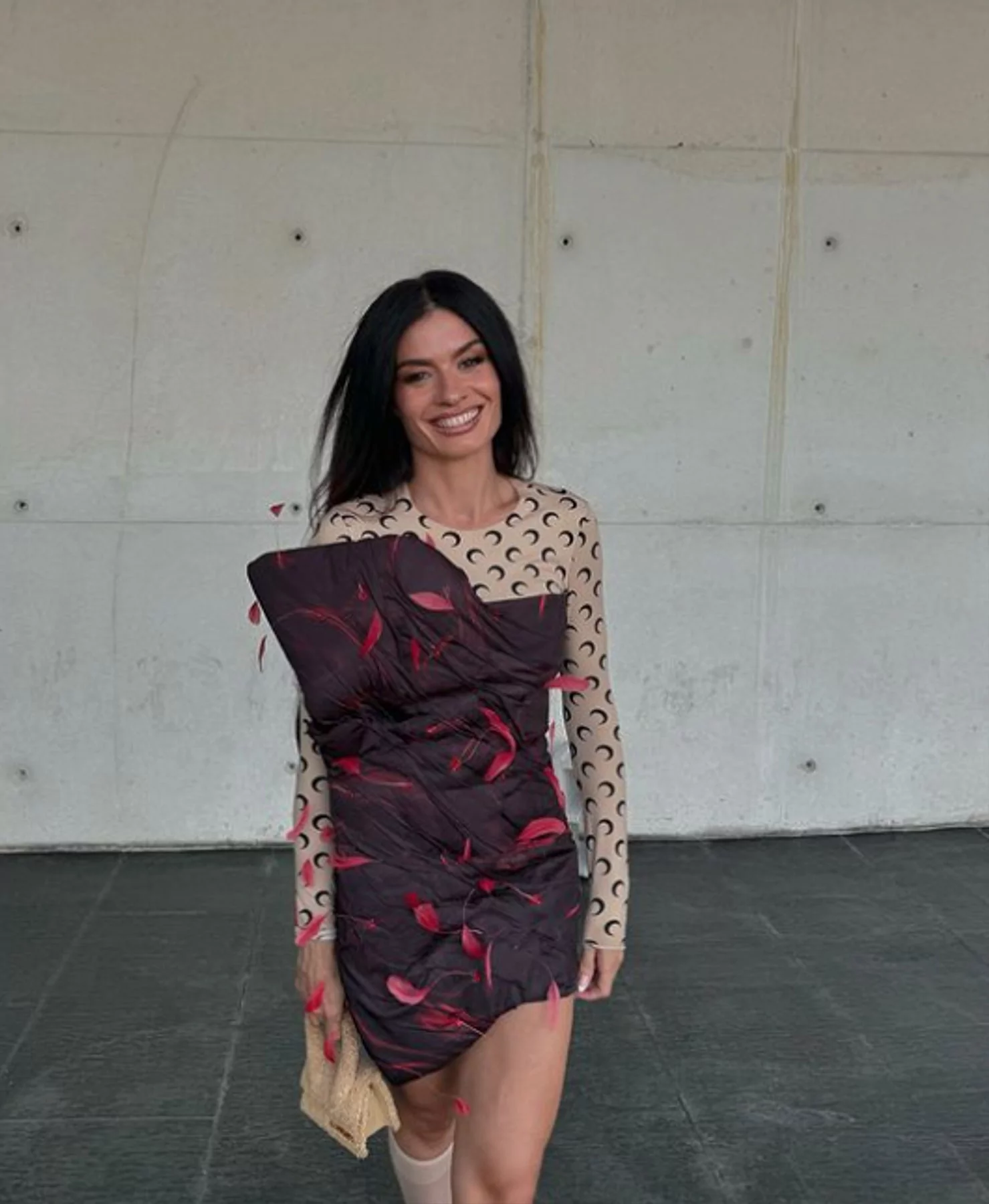 The influencer Angela: Madam de Rosas, in the Feather Mini Dress