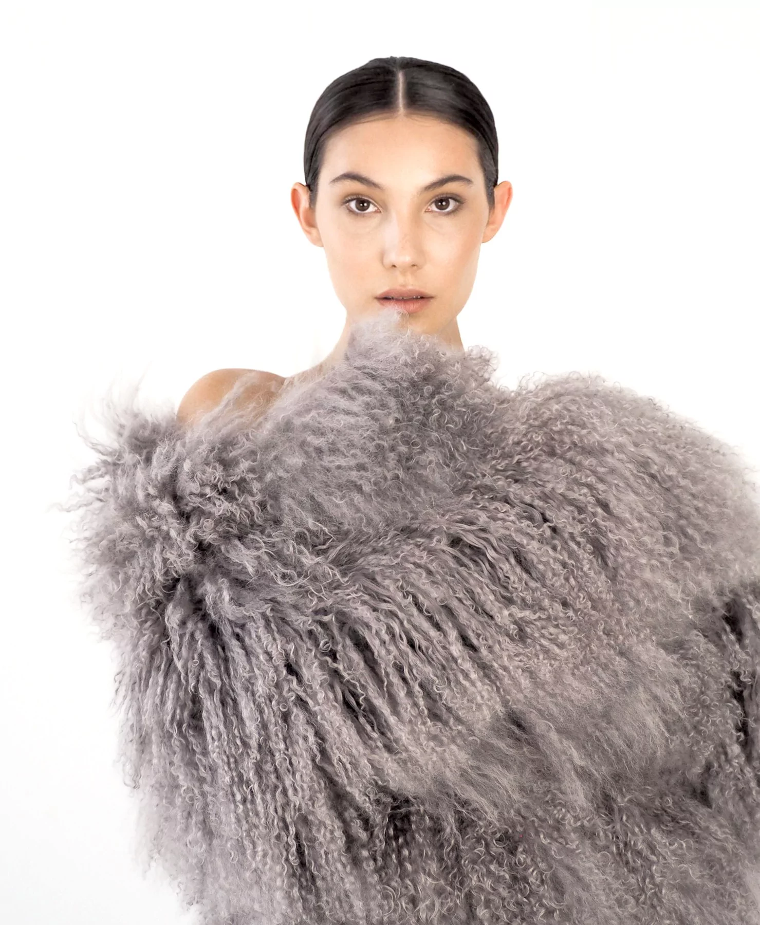 Women's Grey fur coat with beautiful model watching