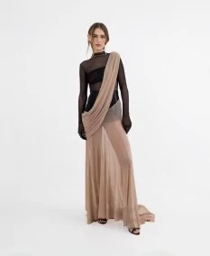 Front view of the nude sheer Arethusa dress with lace details