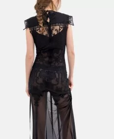 Back view of a black dress with shoulder pads in Claro Lace