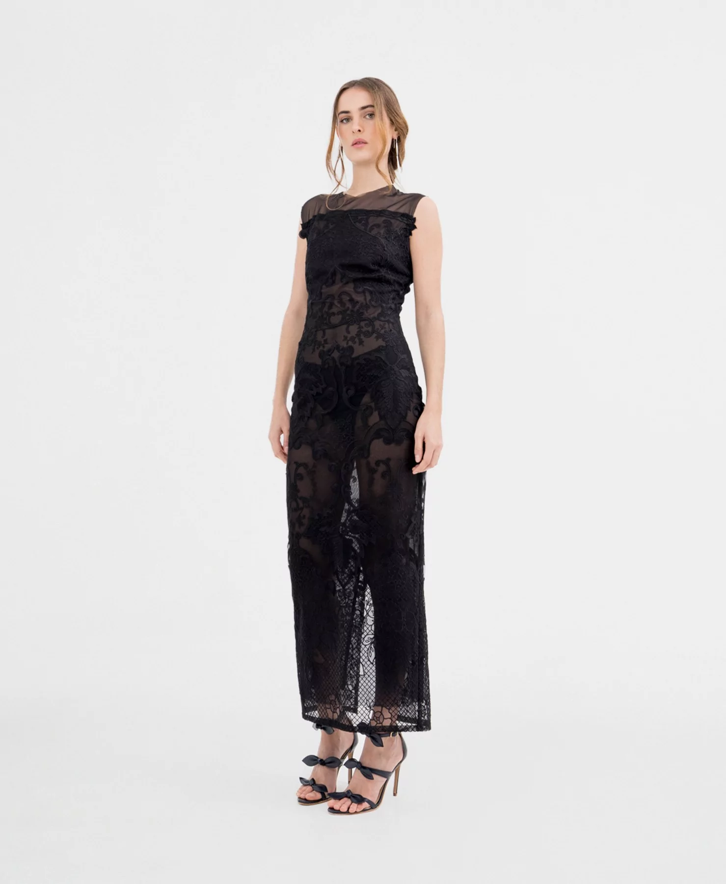 Front view of the Ciane Black Dress with lace details.