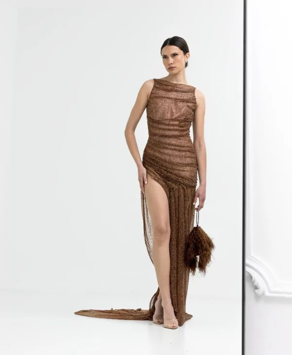 Mocha Mouse Brown Mini Dress with mini length and beaded train.